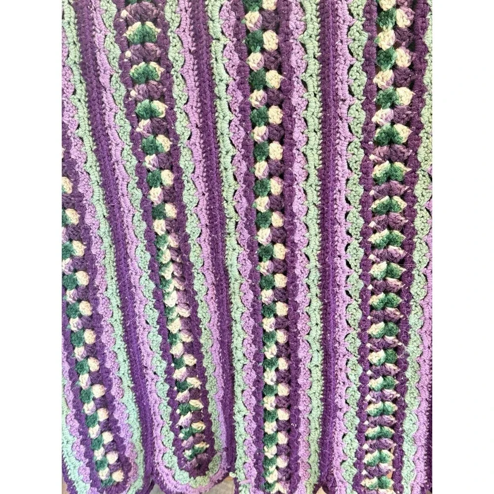 Crocheted Afghan Purple Green Cream Mile A Minute Pattern Handmade Grannycore